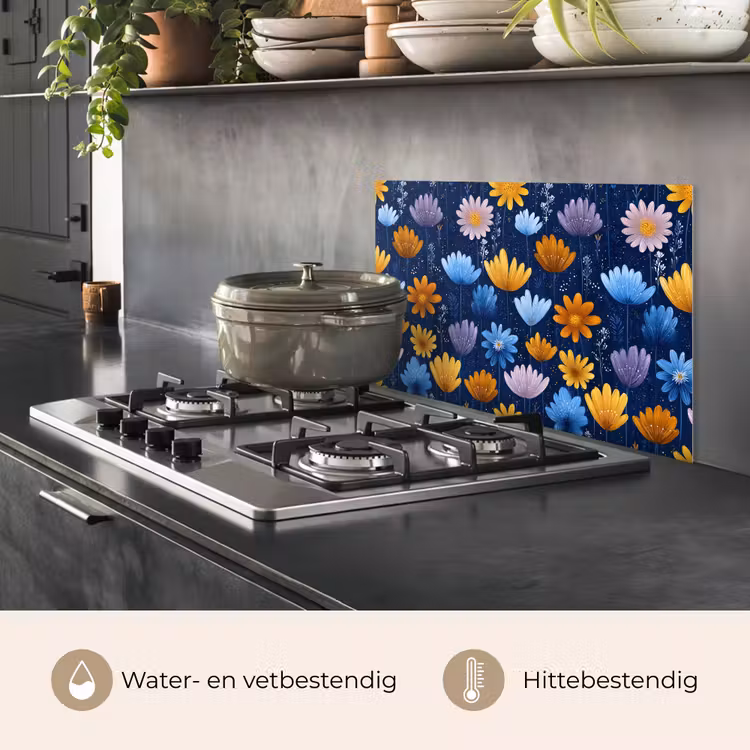 Spatscherm keuken - Bloemen - Patroon - Blauw - Contrast — 6