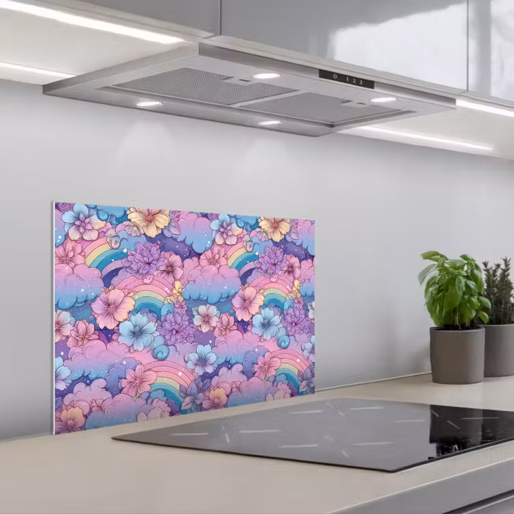 Spatscherm keuken - Regenbogen - Bloemen - Kleurrijk - Wolken — 4