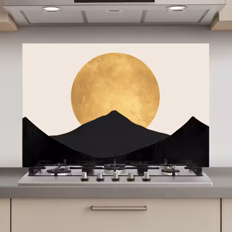 Spatscherm keuken - Bergsilhouetten - Gouden cirkel - Beige — 1