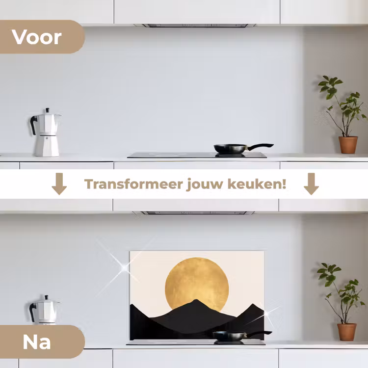 Spatscherm keuken - Bergsilhouetten - Gouden cirkel - Beige — 3