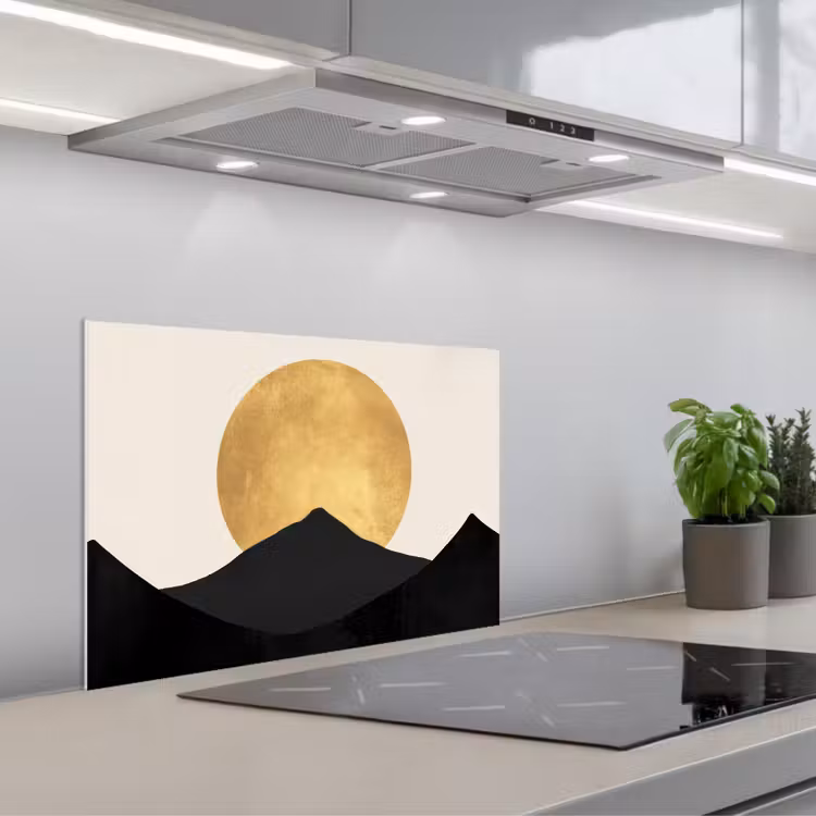 Spatscherm keuken - Bergsilhouetten - Gouden cirkel - Beige — 5