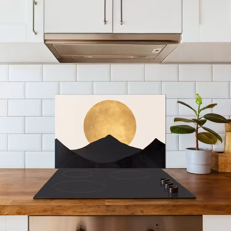 Spatscherm keuken - Bergsilhouetten - Gouden cirkel - Beige — 6