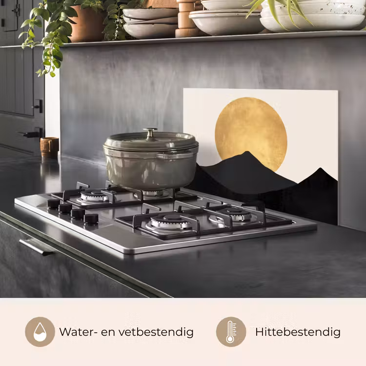 Spatscherm keuken - Bergsilhouetten - Gouden cirkel - Beige — 7