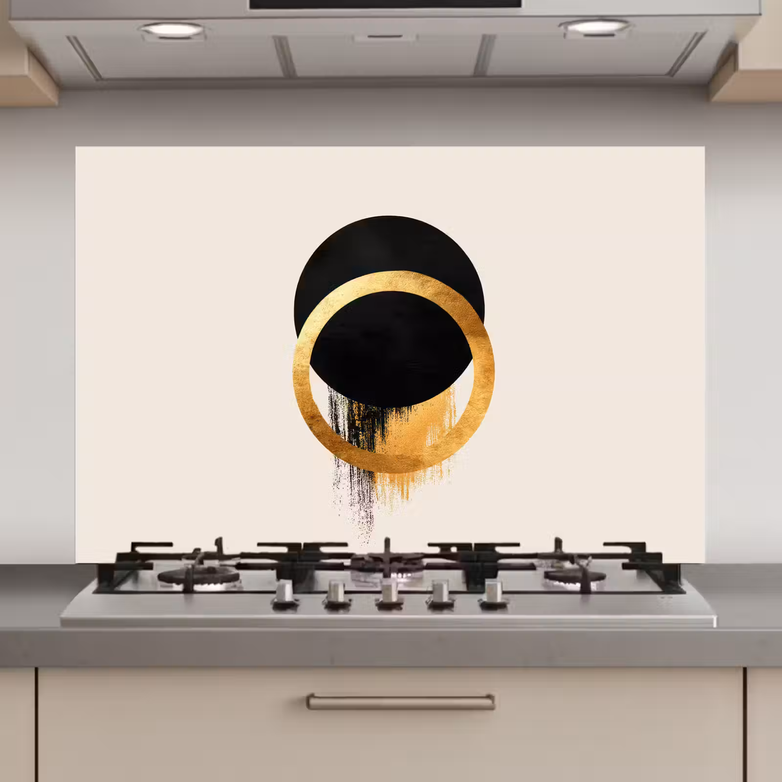 Spatscherm keuken - Abstract ontwerp - Zwarte cirkel - Verfvlekken — 1