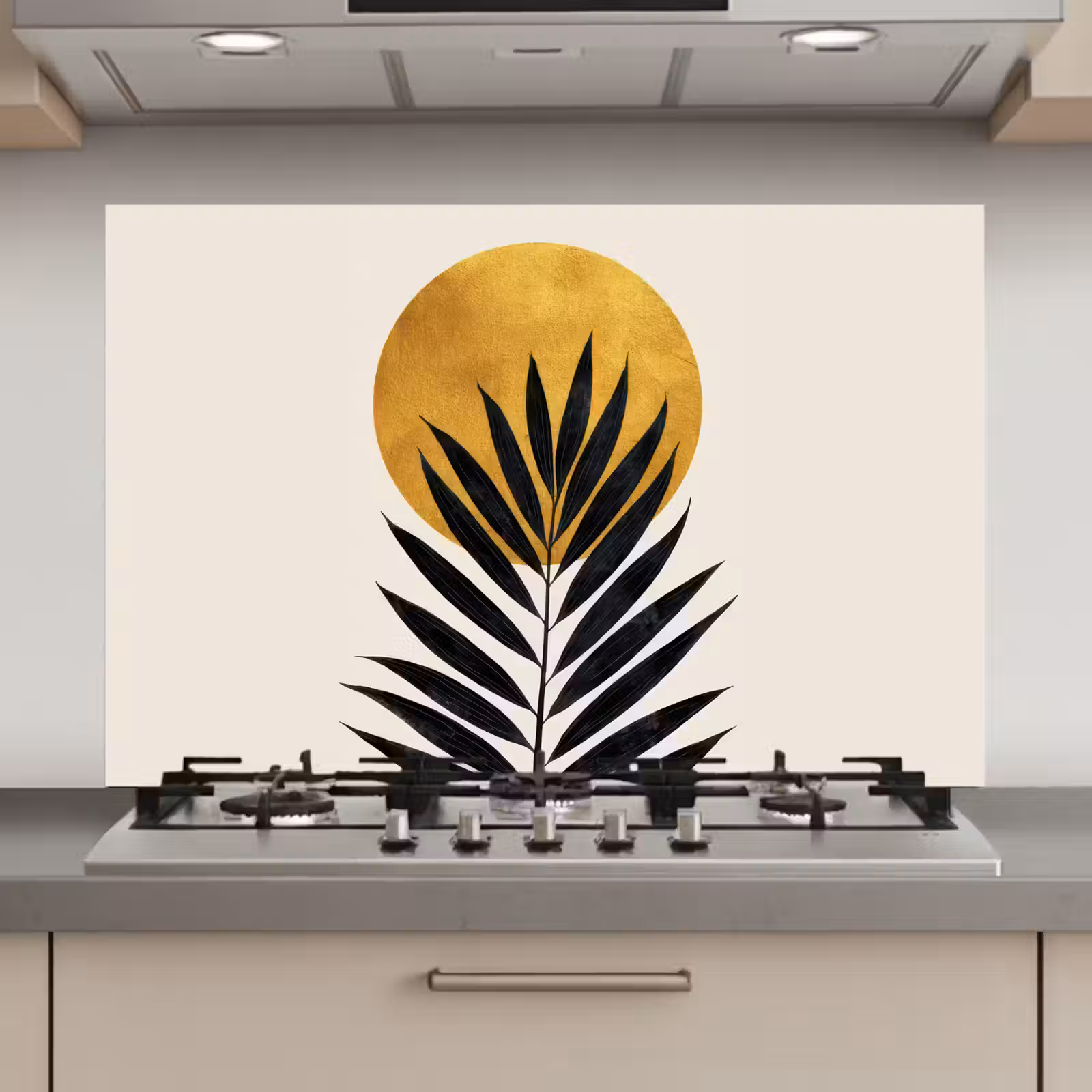 Spatscherm keuken - Zwart palmblad - Gouden cirkel - Beige achtergrond — 1