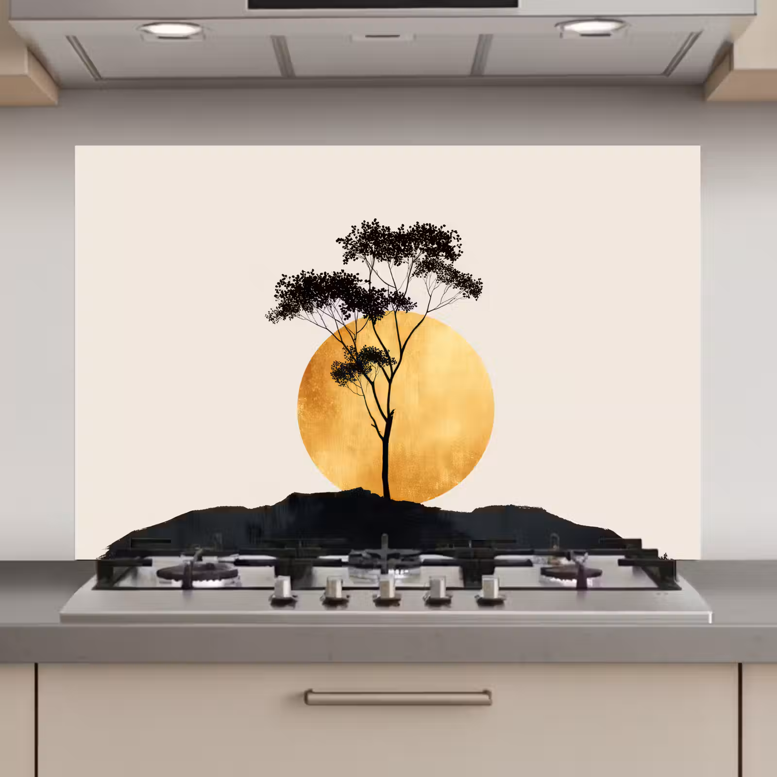 Spatscherm keuken - Zwarte boom - Gouden cirkel - Heuvel — 1
