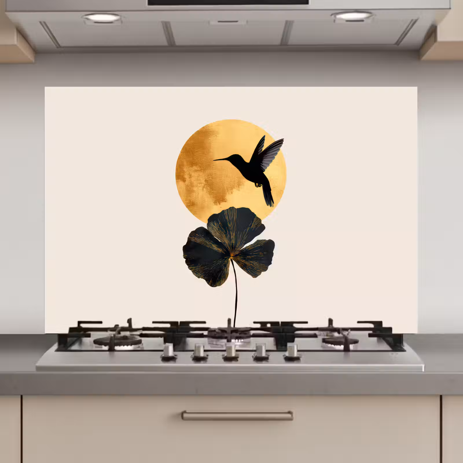 Spatscherm keuken - Zwarte kolibrie - Bloem - Gouden cirkel — 1
