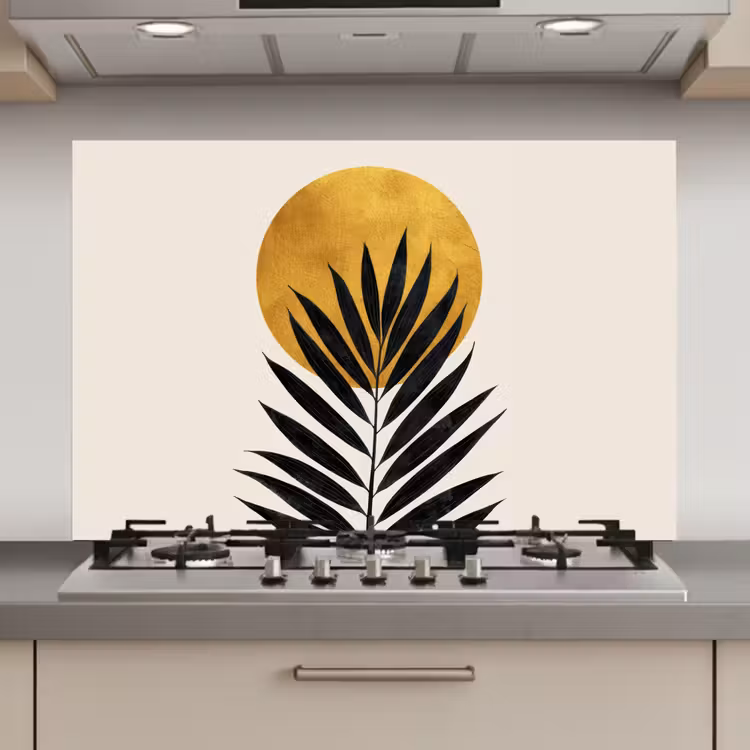 Spatscherm keuken - Zwart palmblad - Gouden cirkel - Beige achtergrond — 1
