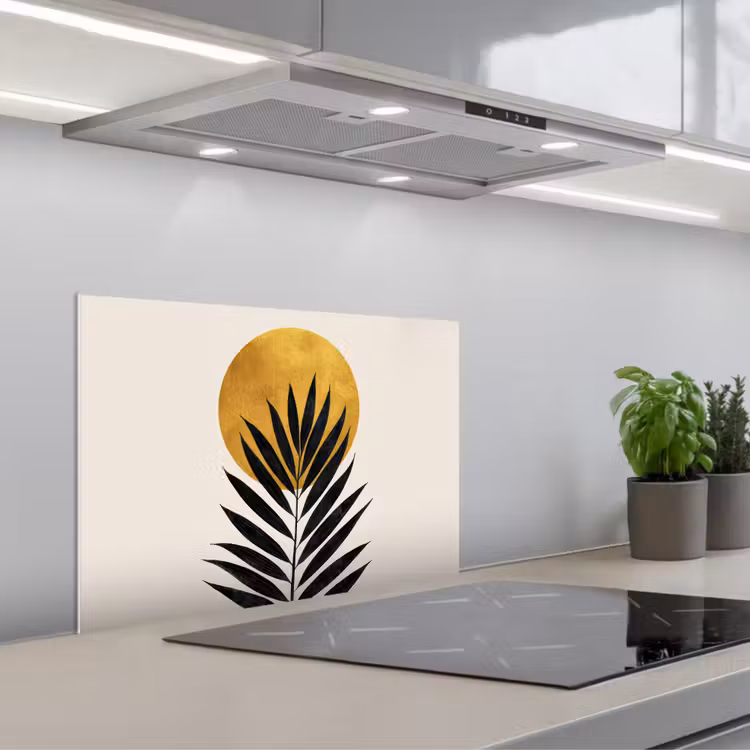 Spatscherm keuken - Zwart palmblad - Gouden cirkel - Beige achtergrond — 5