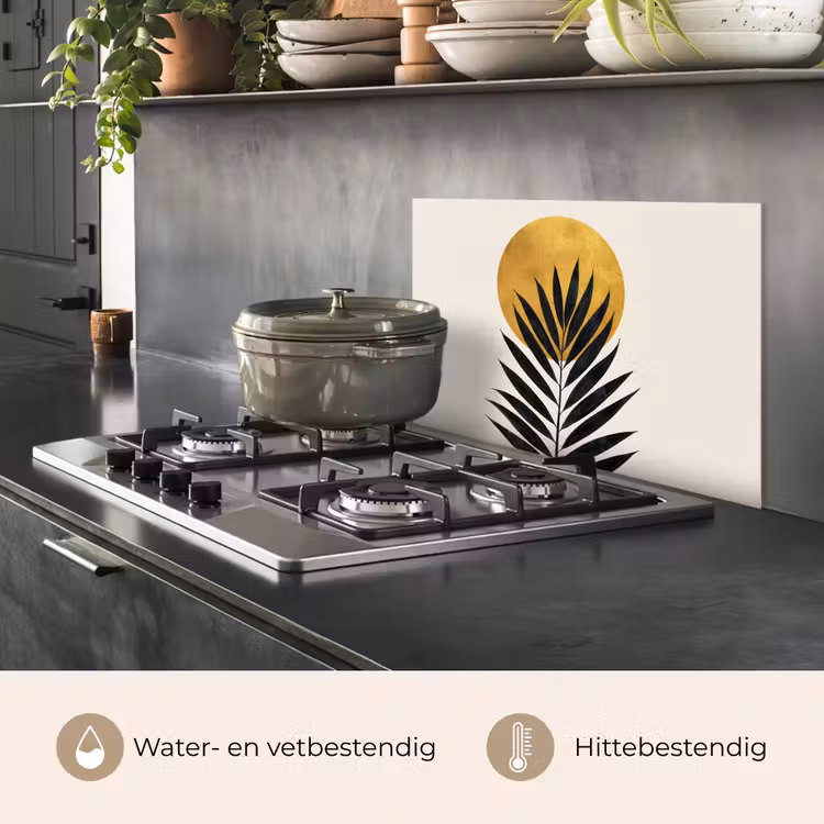 Spatscherm keuken - Zwart palmblad - Gouden cirkel - Beige achtergrond — 7