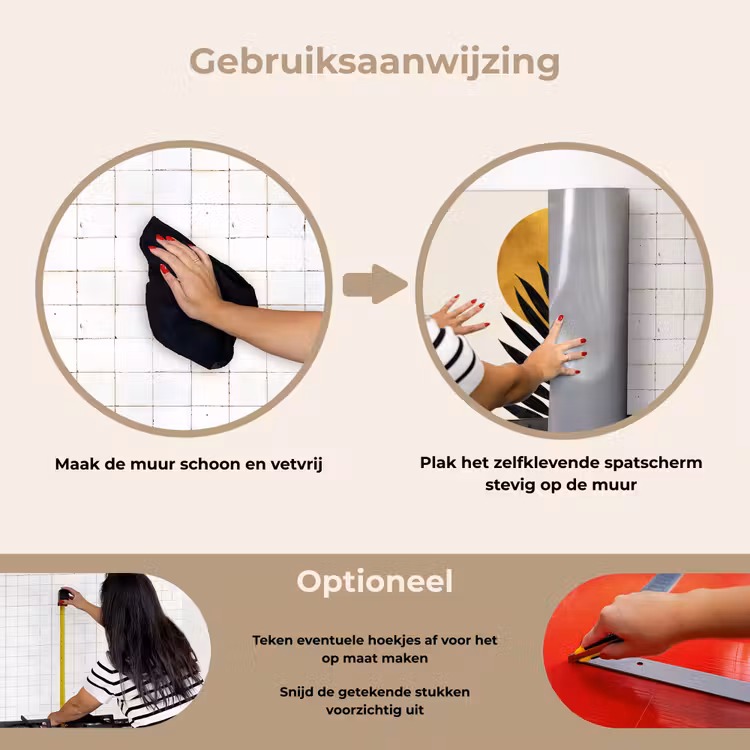Spatscherm keuken - Zwart palmblad - Gouden cirkel - Beige achtergrond — 8