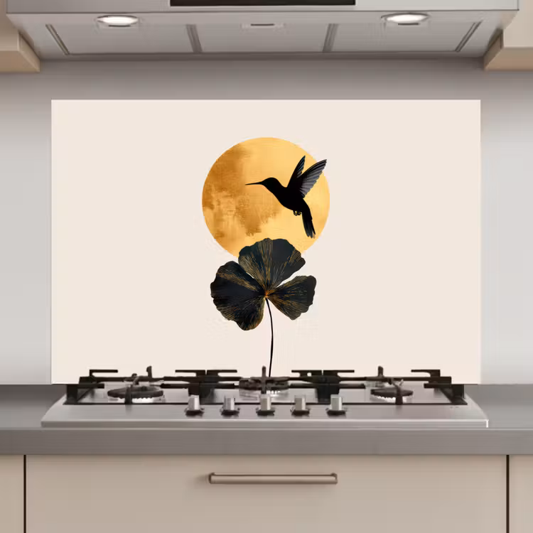 Spatscherm keuken - Zwarte kolibrie - Bloem - Gouden cirkel — 1