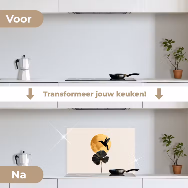 Spatscherm keuken - Zwarte kolibrie - Bloem - Gouden cirkel — 3