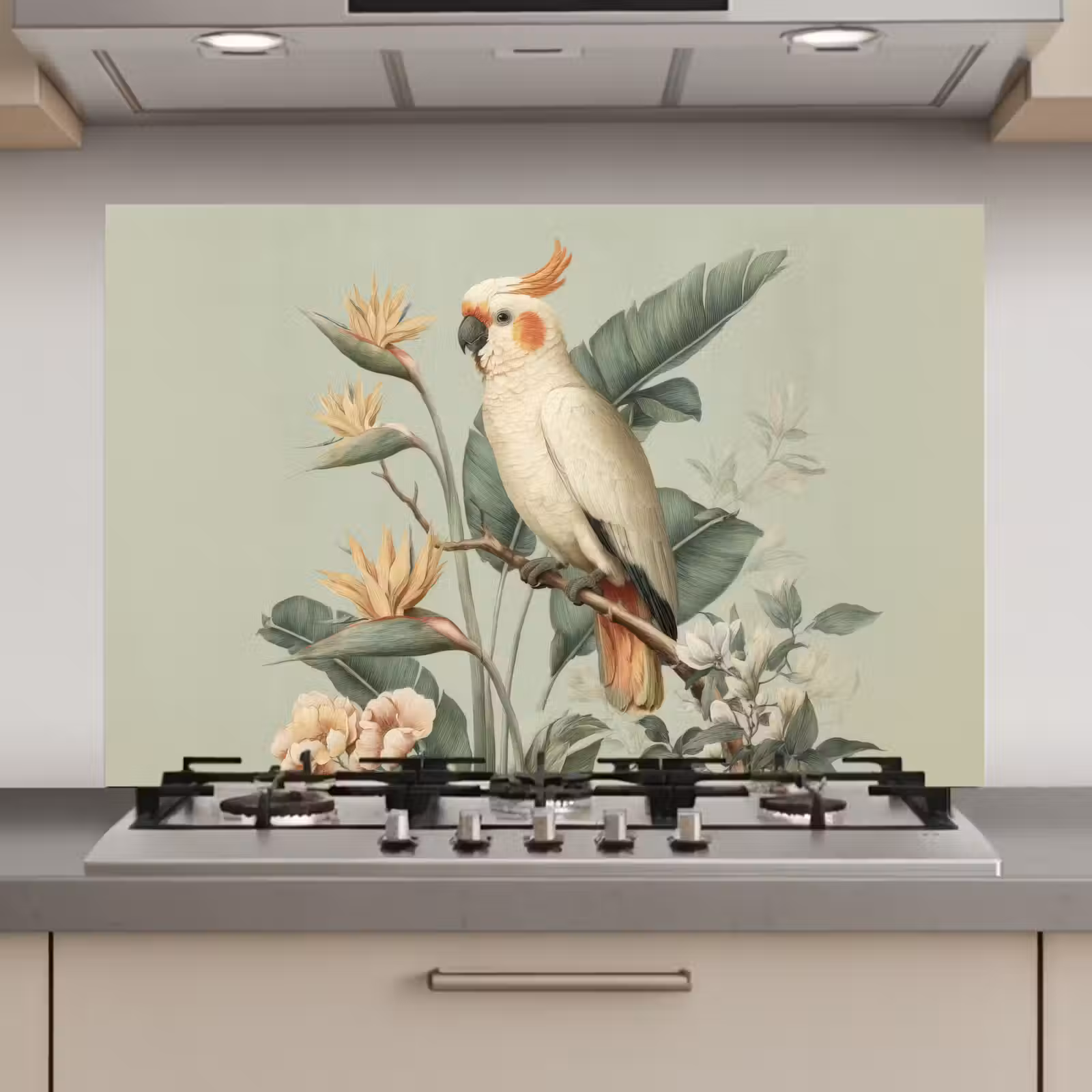 Spatscherm keuken - Gele kuifkaketoe - paradijsvogelbloemen - Groen — 1