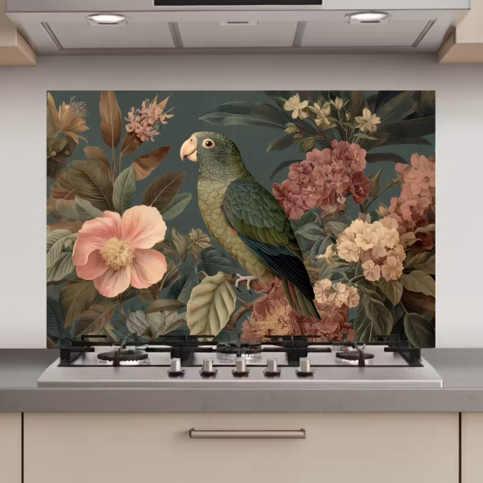 Spatscherm keuken - Groene papegaai - Kleurrijke bloemen - Donkere achtergrond — 1