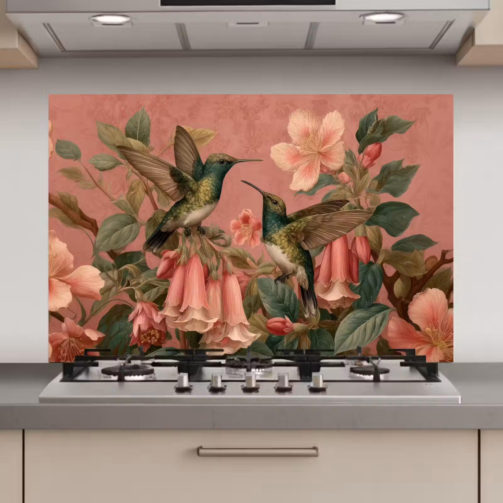 Spatscherm keuken - Kolibries - Bloemen - Groen - Roze — 1