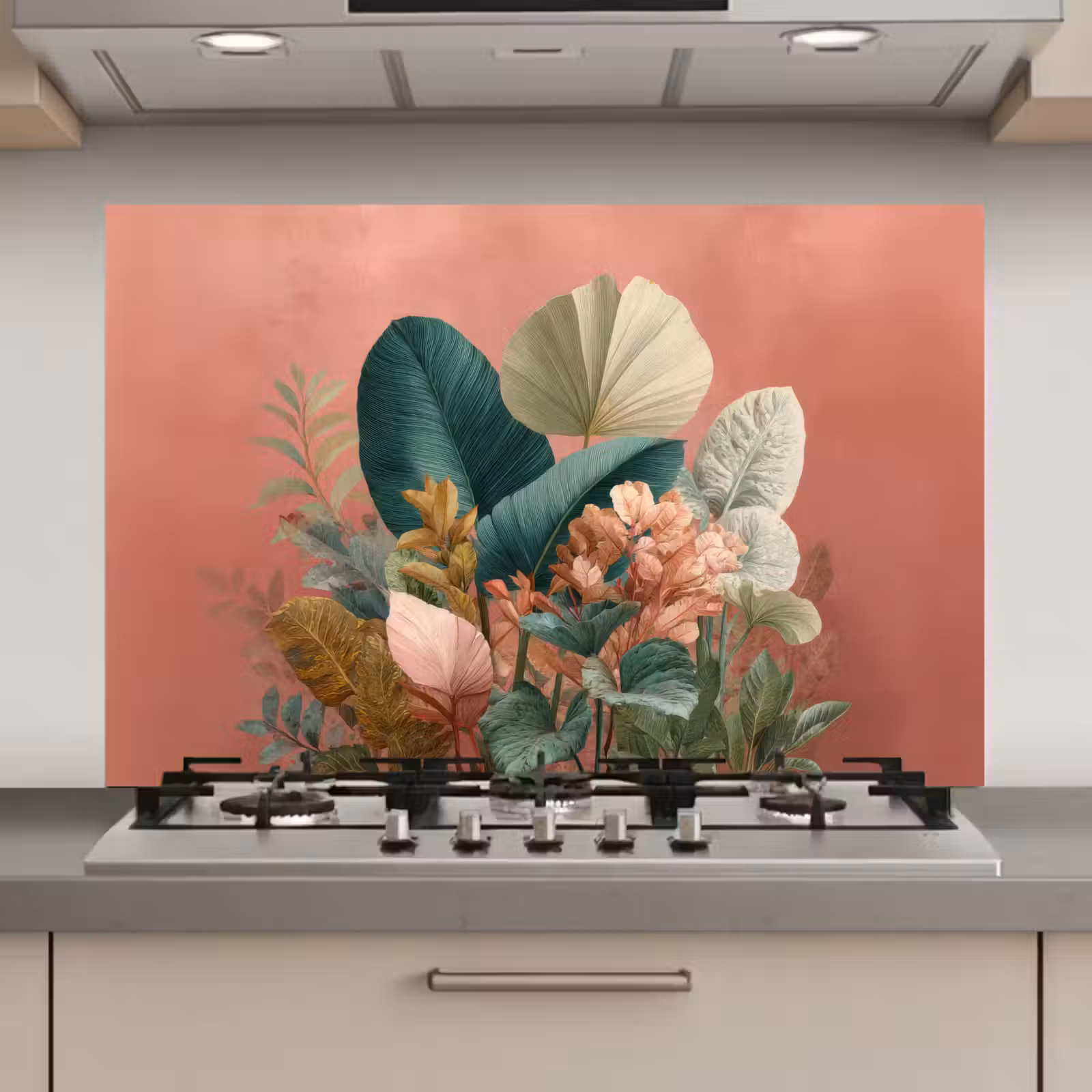 Spatscherm keuken - Tropische bladeren - Bloemen - Roze - groen — 1