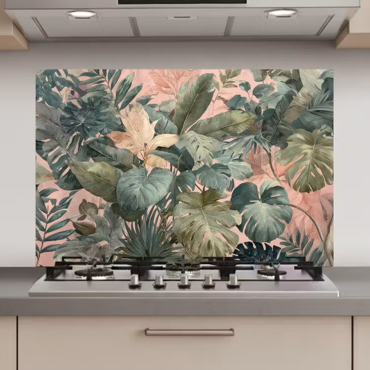 Spatscherm keuken - Compositie van bladeren - Groen - Roze — 1