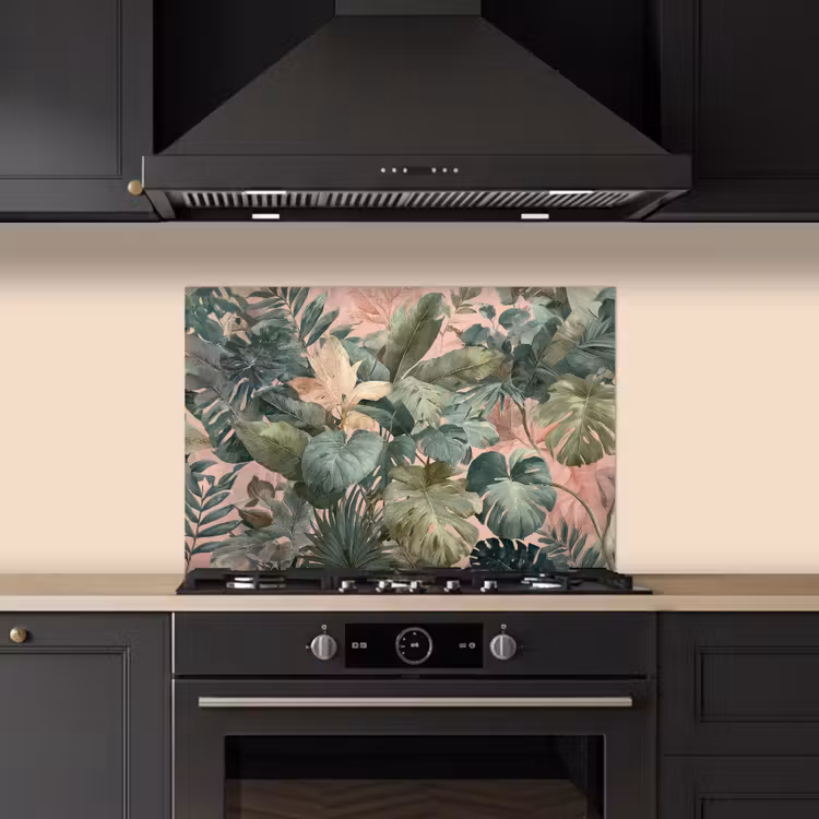 Spatscherm keuken - Compositie van bladeren - Groen - Roze — 2