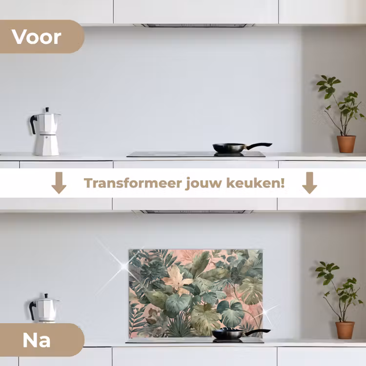 Spatscherm keuken - Compositie van bladeren - Groen - Roze — 3