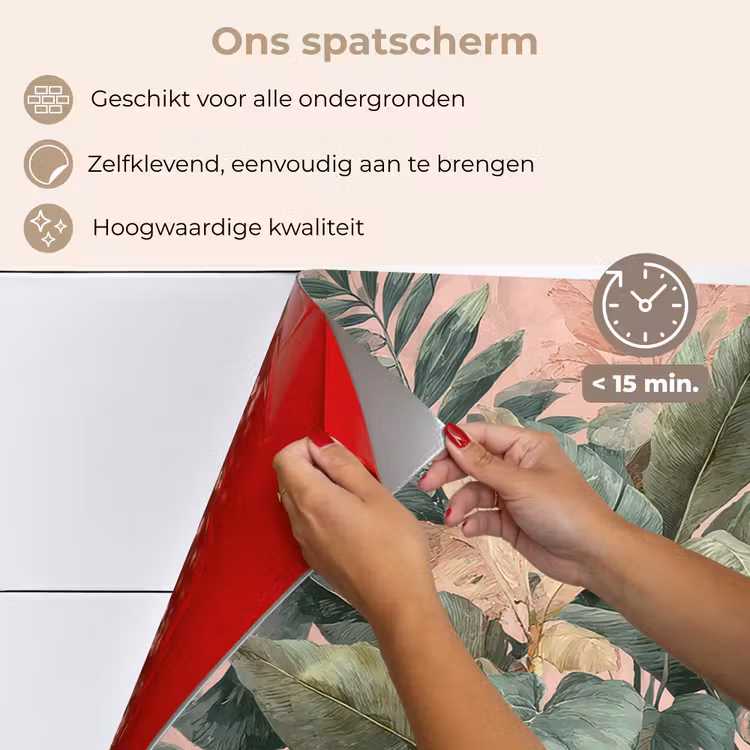 Spatscherm keuken - Compositie van bladeren - Groen - Roze — 4