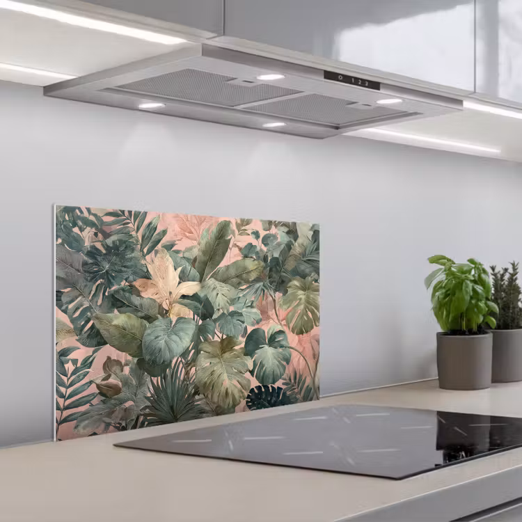 Spatscherm keuken - Compositie van bladeren - Groen - Roze — 5
