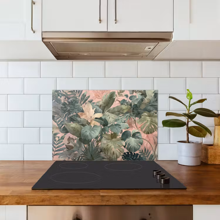 Spatscherm keuken - Compositie van bladeren - Groen - Roze — 6