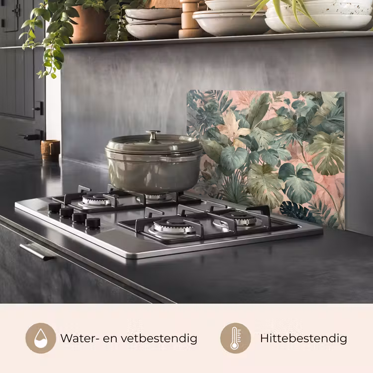 Spatscherm keuken - Compositie van bladeren - Groen - Roze — 7