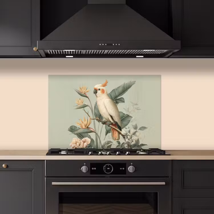 Spatscherm keuken - Gele kuifkaketoe - paradijsvogelbloemen - Groen — 2