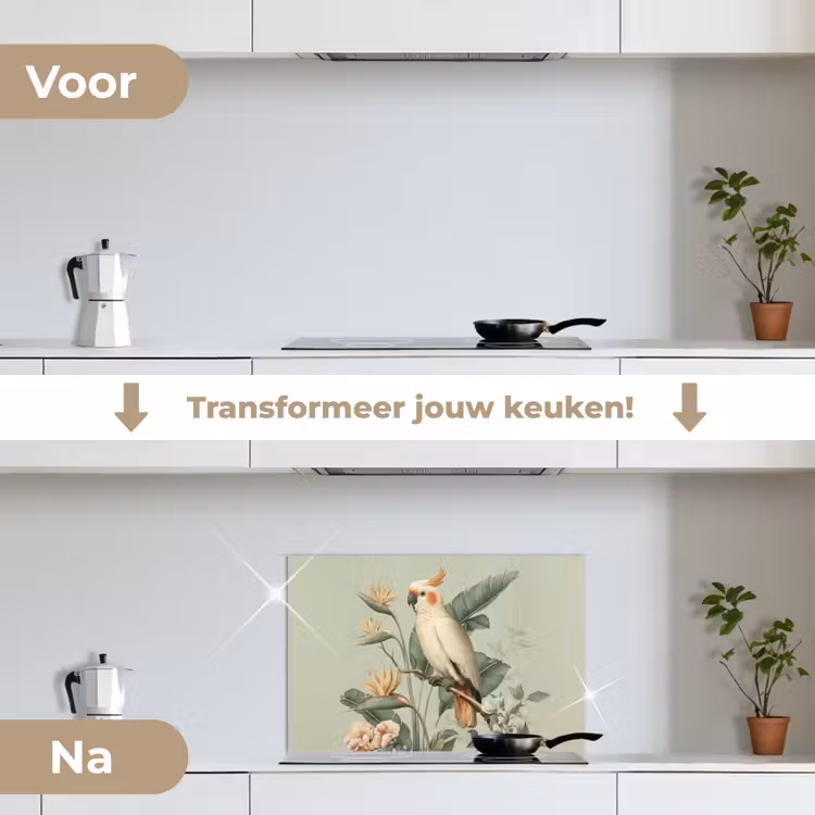 Spatscherm keuken - Gele kuifkaketoe - paradijsvogelbloemen - Groen — 3