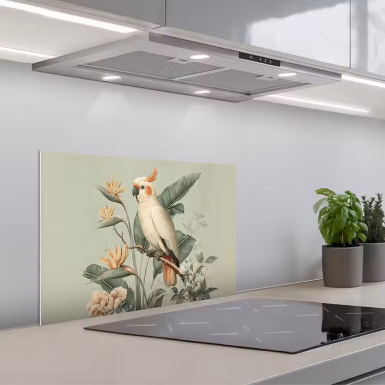 Spatscherm keuken - Gele kuifkaketoe - paradijsvogelbloemen - Groen — 5