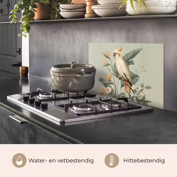 Spatscherm keuken - Gele kuifkaketoe - paradijsvogelbloemen - Groen — 7