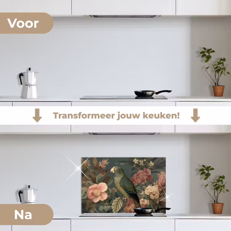Spatscherm keuken - Groene papegaai - Kleurrijke bloemen - Donkere achtergrond — 3
