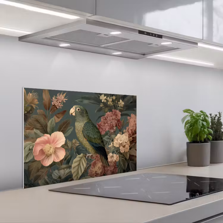 Spatscherm keuken - Groene papegaai - Kleurrijke bloemen - Donkere achtergrond — 5