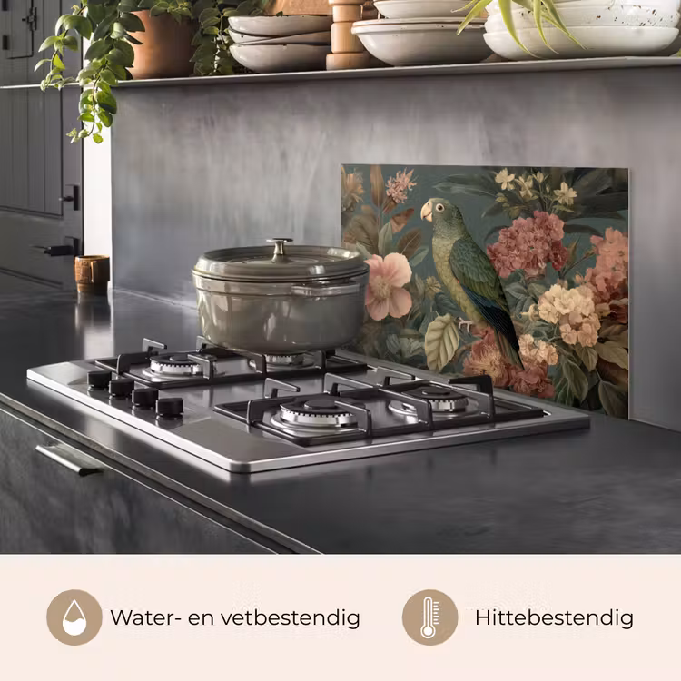 Spatscherm keuken - Groene papegaai - Kleurrijke bloemen - Donkere achtergrond — 7