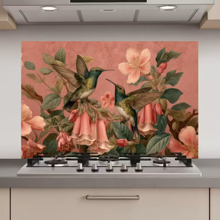 Spatscherm keuken - Kolibries - Bloemen - Groen - Roze — 1