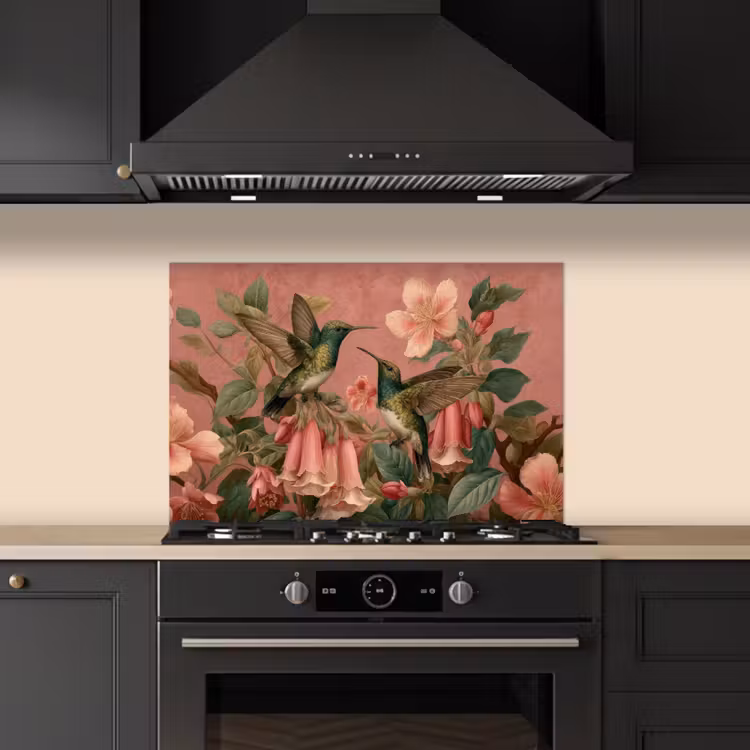 Spatscherm keuken - Kolibries - Bloemen - Groen - Roze — 2