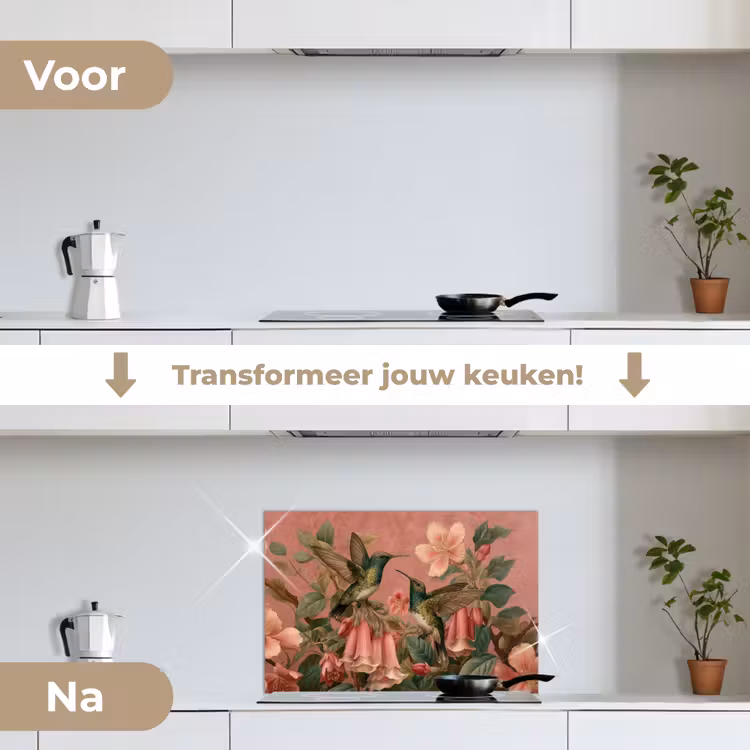 Spatscherm keuken - Kolibries - Bloemen - Groen - Roze — 3