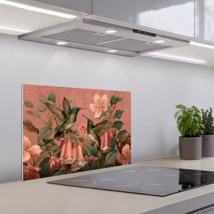 Spatscherm keuken - Kolibries - Bloemen - Groen - Roze — 5