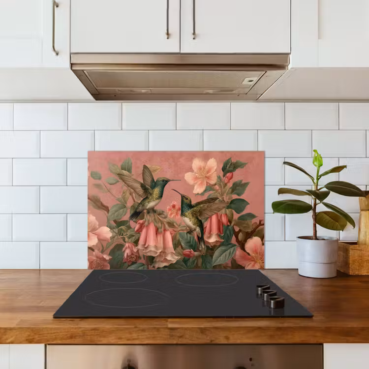 Spatscherm keuken - Kolibries - Bloemen - Groen - Roze — 6