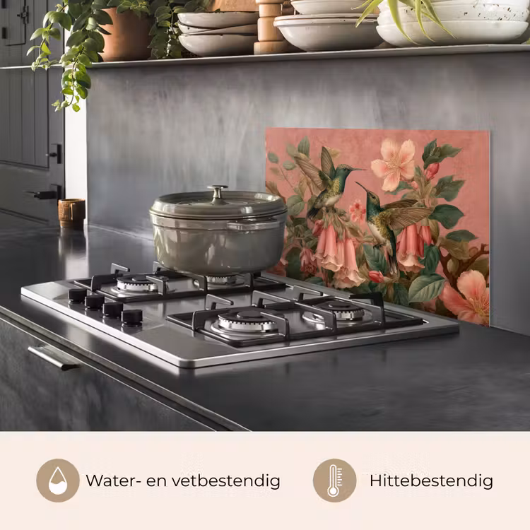 Spatscherm keuken - Kolibries - Bloemen - Groen - Roze — 7