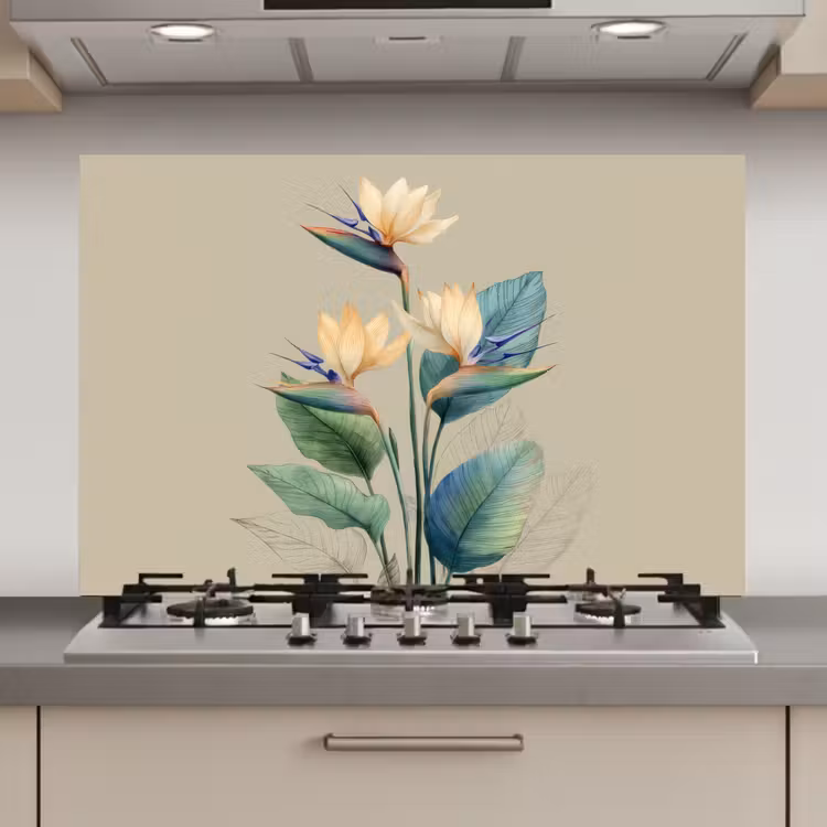 Spatscherm keuken - Paradijsvogelbloemen - Blauwgroene bladeren - Beige — 1