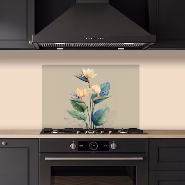 Spatscherm keuken - Paradijsvogelbloemen - Blauwgroene bladeren - Beige — 2