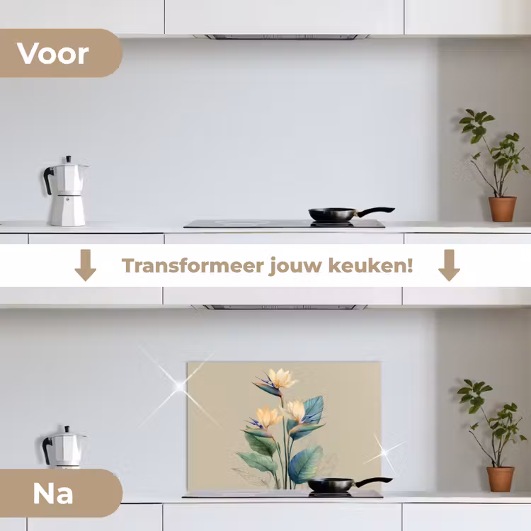 Spatscherm keuken - Paradijsvogelbloemen - Blauwgroene bladeren - Beige — 3