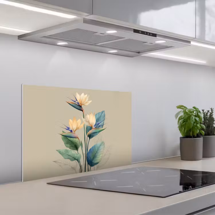Spatscherm keuken - Paradijsvogelbloemen - Blauwgroene bladeren - Beige — 5