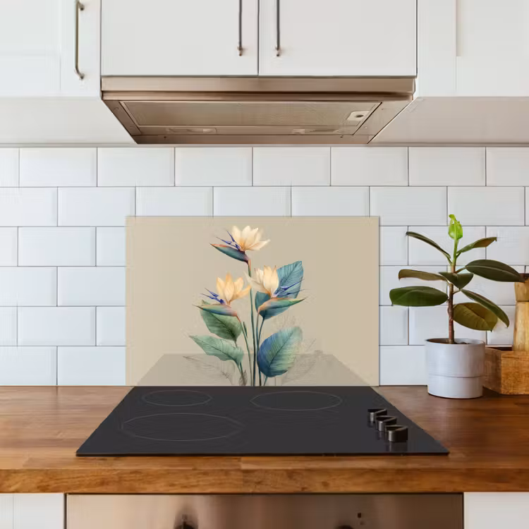 Spatscherm keuken - Paradijsvogelbloemen - Blauwgroene bladeren - Beige — 6
