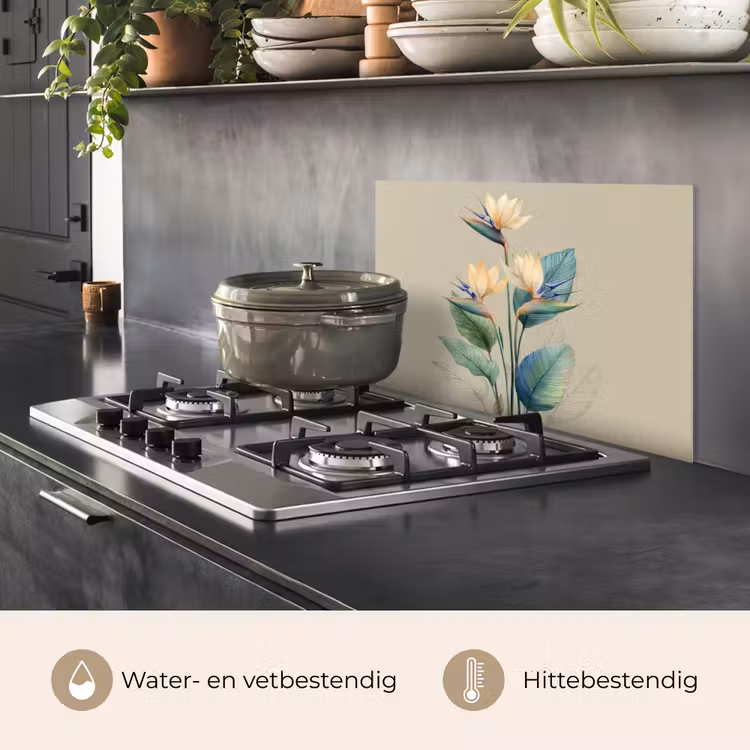Spatscherm keuken - Paradijsvogelbloemen - Blauwgroene bladeren - Beige — 7