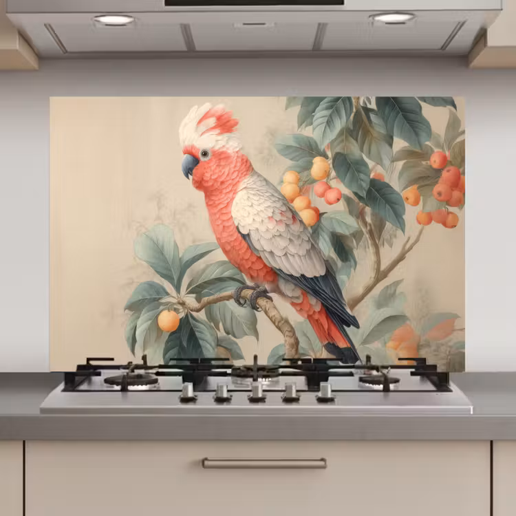 Spatscherm keuken - Roze kuifkaketoe - Tak met vruchten - Bladeren — 1