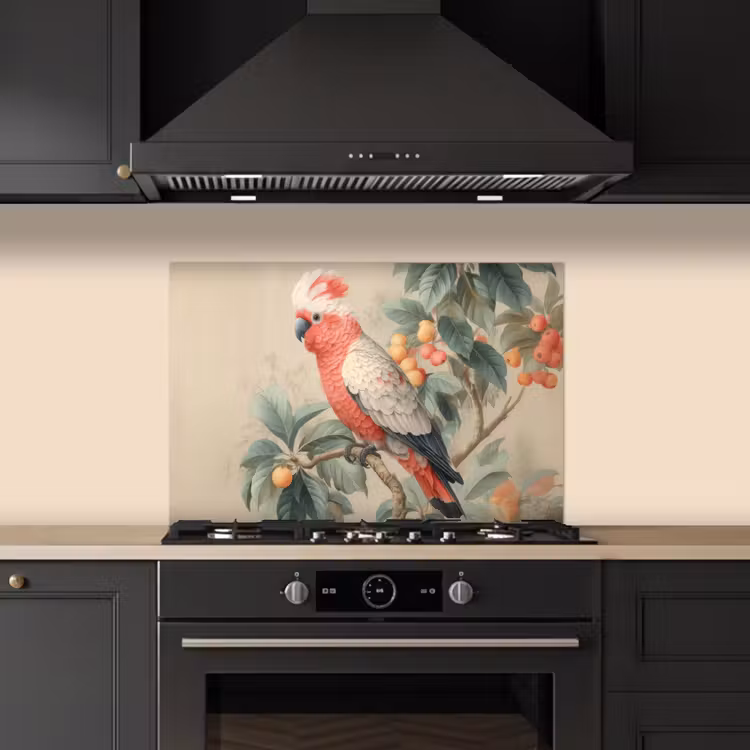 Spatscherm keuken - Roze kuifkaketoe - Tak met vruchten - Bladeren — 2