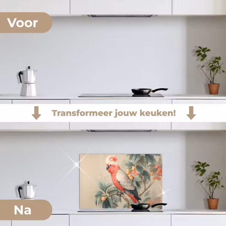 Spatscherm keuken - Roze kuifkaketoe - Tak met vruchten - Bladeren — 3